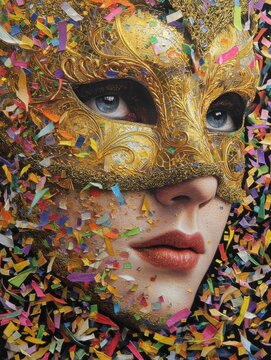 a mask adorned with intricate golden details winked mischievously as it danced among a cascade of vibrant confetti a spectacle of color and celebration
