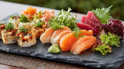 Assorted Sushi Platter Featuring Fresh Sashimi and Colorful Garnishes on Slate Plate