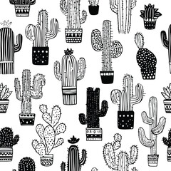Monochrome cactus pattern in doodle style