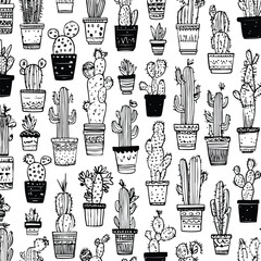 Monochrome Cactus Doodle Seamless Pattern Design