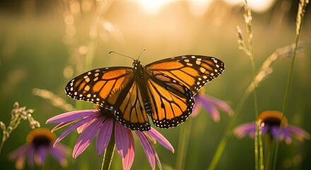 Monarch Butterfly Resting on Purple Coneflower in Golden Sunlight