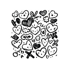 Whimsical heart and kiss doodle illustration