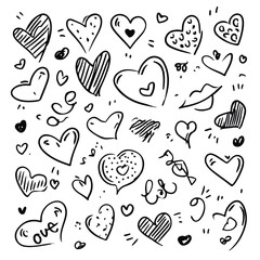 Whimsical doodle hearts and kisses illustration