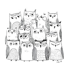 Charming Cartoon Owls Minimalistic Doodle Sketch
