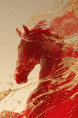 Abstract red horse silhouette created with dynamic Chinese brush strokes and golden sparkles on cream background, modern take on 2026 New Year card © Olshanetskaia