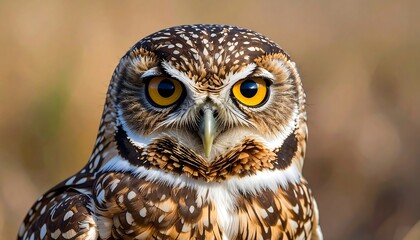 A close-up of an owl with sharp yellow eyes, mottled brown and white feathers, and a piercing gaze. It's set against a blurred, neutral background
