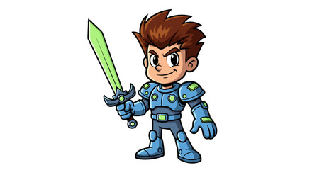 Brave Cartoon Warrior Boy Knight with Glowing Sword Ready for Adventure Isolated on Transparent Background