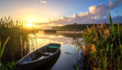 Serene Sunrise Lakeside Boat.