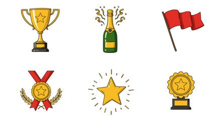 Collection of Golden Trophy Medals and Awards Celebrating Victory Success and Achievement isolated on transparent background