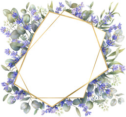 Watercolor eucalyptus frame, PNG greenery border, lavender flower