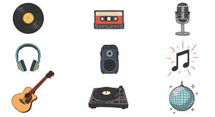 Retro Music Icons Set with Vintage Audio Equipment and Symbols Isolated on Transparent Background