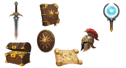 Fantasy Game Assets Treasure Chest Sword Shield Helmet Spell Book Magic Wand Isolated on Transparent Background