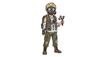 Young survivor boy with gas mask holding slingshot isolated on transparent background
