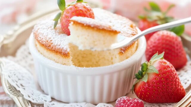 Eating a strawberry souffle with fresh berries. Use for a gourmet dessert menu or bakery advertisement