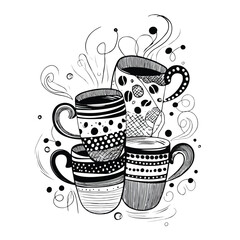 Monochromatic coffee mugs sketch with steam