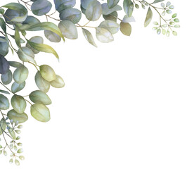 Watercolor eucalyptus frame, PNG greenery border, Provence-style arrangement © WonderWonder