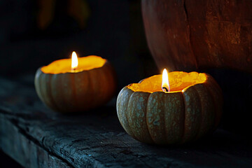 AI Generated - Two small pumpkins sitting on top of a wooden table, each with a lit candle inside. Commercial illustration artwork for business applications. High-resolution. Premium quality.