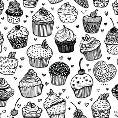 Monochrome Cupcake and Dessert Doodle Pattern