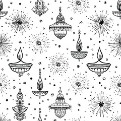 Monochrome Diwali Lanterns and Fireworks Sketch