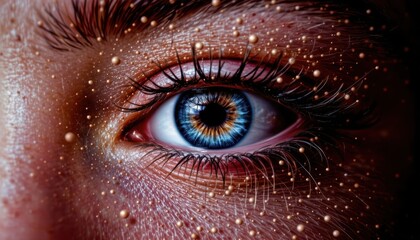 Fototapeta premium Detailed Close-Up of a Beautiful Human Eye with Sparkling Cosmic Elements and Rich Color Palette