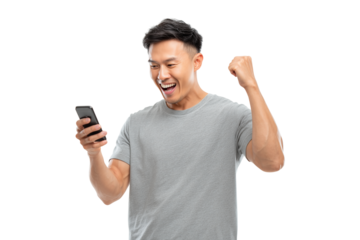 Excited young man celebrates his success while looking at his smartphone in a bright indoor setting Generative AI