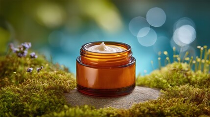 Moisturizing cream in amber jar placed on stone surrounded by lush green moss and soft bokeh background, showcasing natural skincare product
