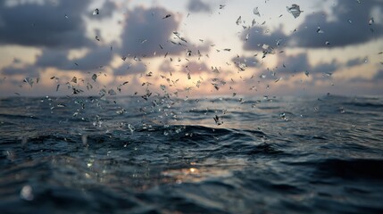 Water droplets splashing on ocean surface at sunset, creating a mesmerizing display of reflections and textures in a serene coastal environment