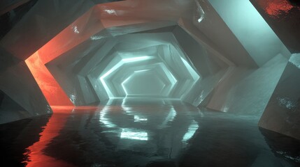 Abstract geometric tunnel with reflective surfaces and vibrant lighting creating a futuristic atmosphere, ideal for digital art and design projects