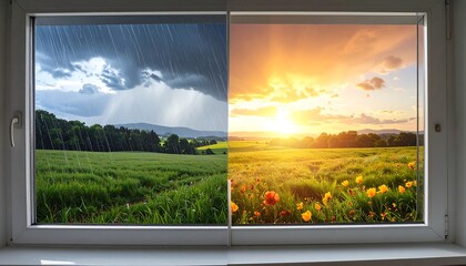 Day and Night Landscape Window View.