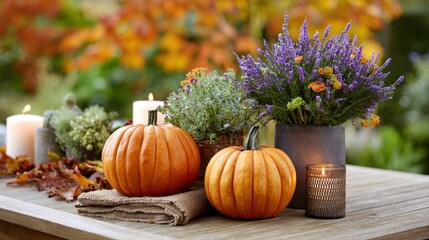 Autumn Table Decor Featuring Orange Pumpkins and Colorful Flowers with Candles Outdoors
