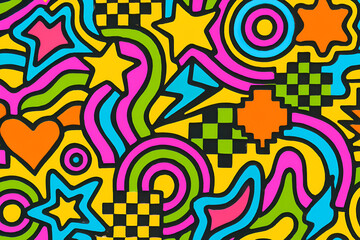 Psychedelic doodle pattern with colorful stars hearts waves and checkered shapes