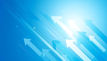 A bright blue gradient background with numerous white upward-pointing arrows, suggesting growth and progress, with light rays