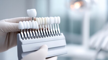 Dental professional holding dental shade guide with various tooth color samples in a modern clinic, showcasing dental aesthetics and precision