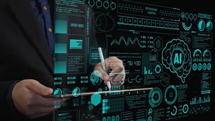 A modern business professional interacts with a holographic interface showcasing AI-powered...