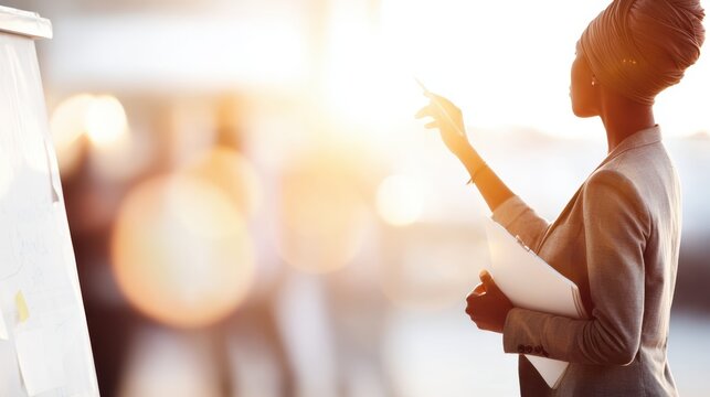 African American woman in a business suit gestures confidently while presenting ideas at a workshop, with a bright background creating an inspiring atmosphere for collaboration