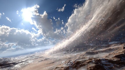 Dramatic landscape featuring swirling clouds and sunlight illuminating rocky terrain, creating an awe-inspiring natural phenomenon in the sky