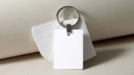 Blank key tag is resting on a stack of color swatches, showcasing a minimalist design with soft textures and neutral tones for branding purposes