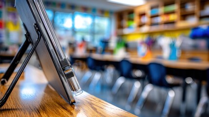 Tablet on wooden desk in classroom setting, showcasing educational tools and vibrant learning environment with blurred student desks in background