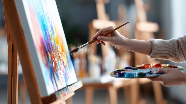 Artist is painting vibrant abstract artwork on canvas with brush in hand, surrounded by easels and colorful paint palette in studio environment