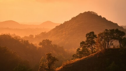 Serene landscape at sunset with rolling hills and silhouetted trees creating a tranquil atmosphere in nature's golden hour light