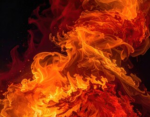 Abstract fiery, swirling forms in vibrant oranges, yellows, and reds against a black background