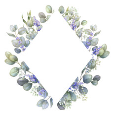 Watercolor eucalyptus frame, PNG greenery border, lavender flower