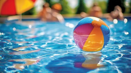 Colorful beach ball floating on crystal-clear water in a sunny pool setting, surrounded by blurred figures enjoying a summer day