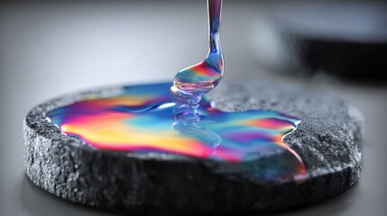 Colorful liquid resin is being poured onto a textured black surface, creating a vibrant abstract design with mesmerizing patterns and reflections