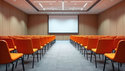 Fototapeta premium Empty modern conference room with bright orange chairs arranged in rows facing large blank projection screen. Wood paneled walls, contemporary ceiling lights create pro setting for presentations