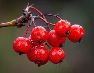 Vivid red berries, glistening with droplets, cling to a thin, bare branch