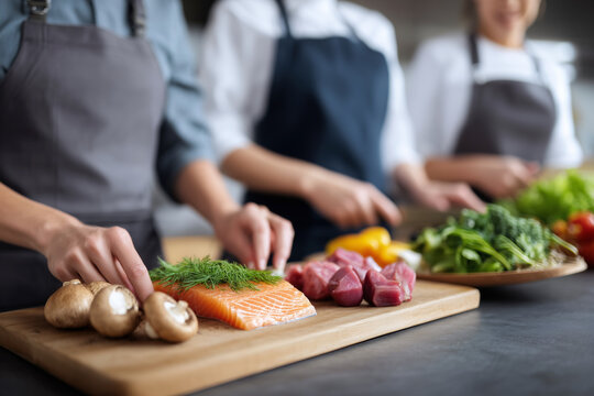 Three people are preparing food on a cutting board