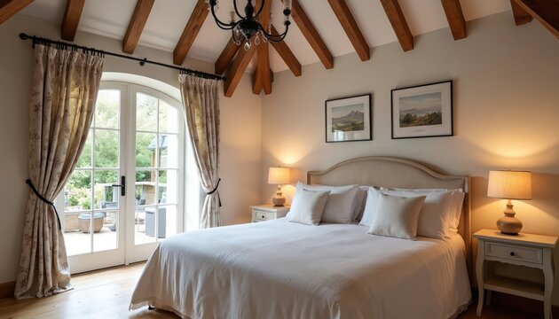 Cozy bedroom features vaulted wood beam ceiling and large window with garden view. Comfortable bed with plush pillows and elegant decor invites relaxation. Soft lamp light creates warm atmosphere.