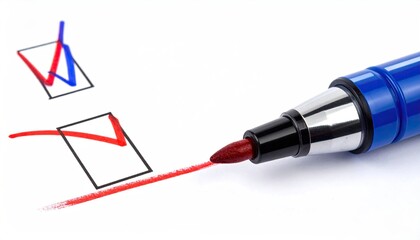 Pen beside marked boxes on white, choosing between options, decision-making