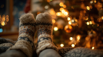 Close-up of legs wearing cozy knitted socks resting near Christmas tree with blurred warm bokeh lights in background